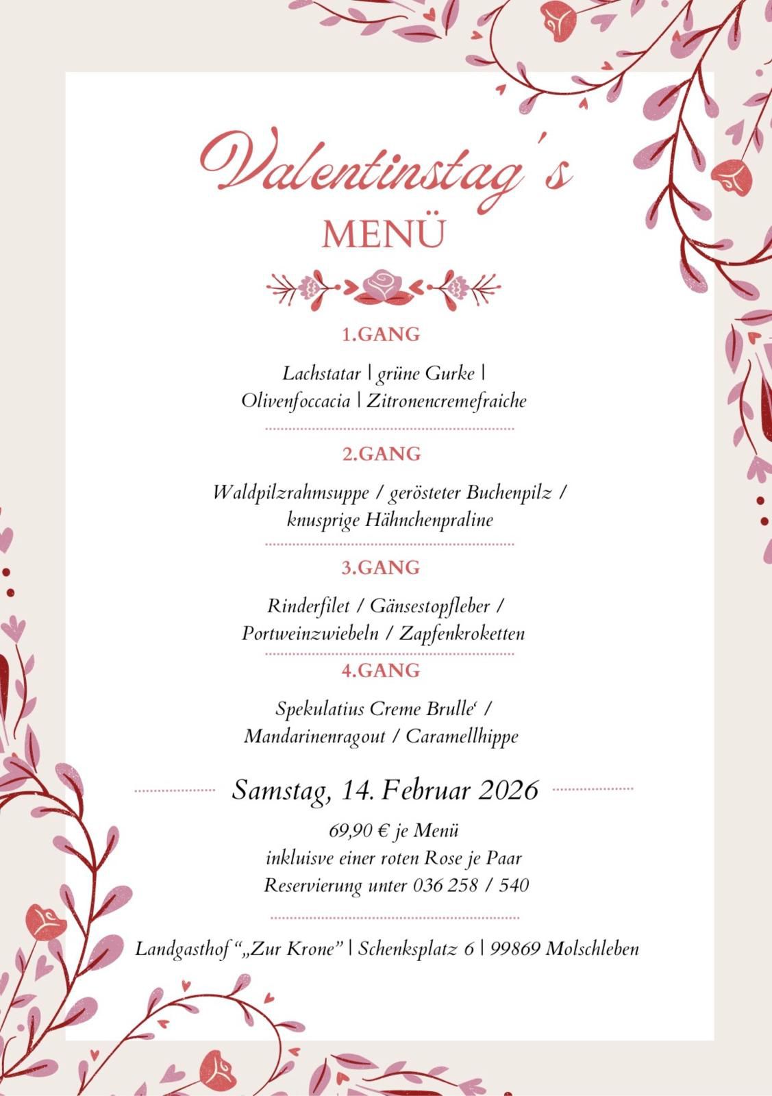 Valentinstags-Dinner am 14.02.2026 im Landgasthof zur Krone